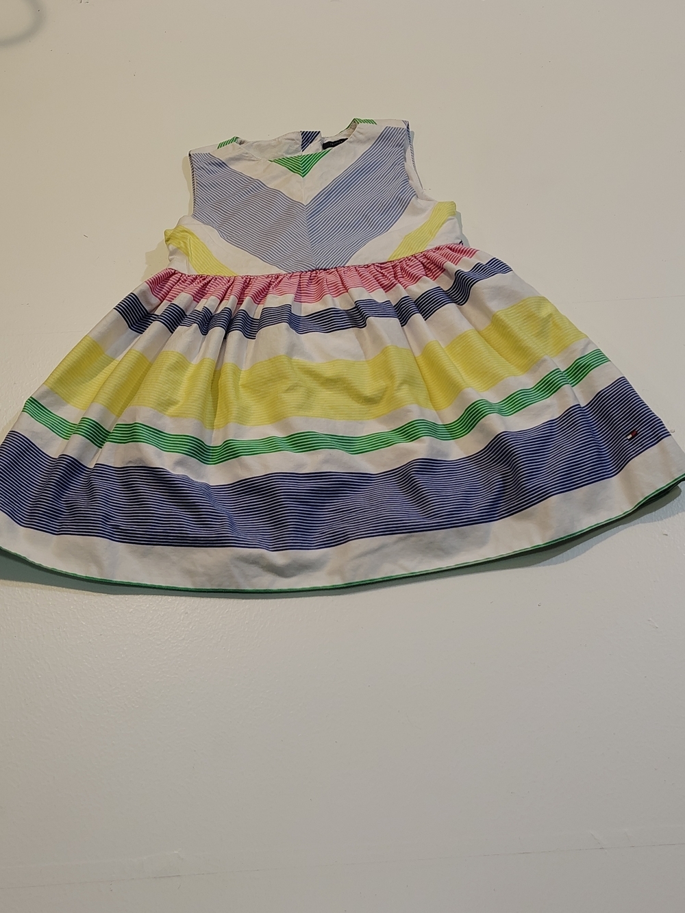 Girls' Multicolor Stripe Cotton Dress - White, Yellow, Blue